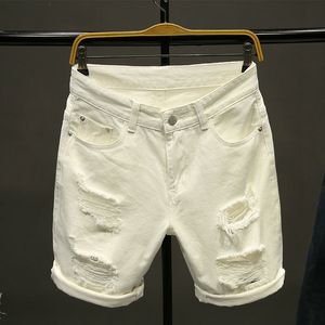 Heren shorts Summer White Black en Khaki Heren Cardigan Losse rechte jeans Fashion Hip-Hop Bermuda Hole Casual Denim Cargo Shorts 230408