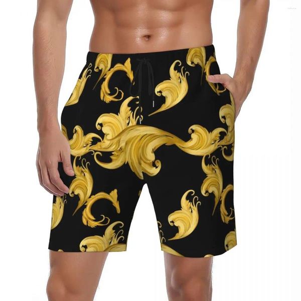 Shorts pour hommes maillots de bain baroque feuilles de feuilles d'été or floral mignon hawaii plage courte pantalon de sport de sport.