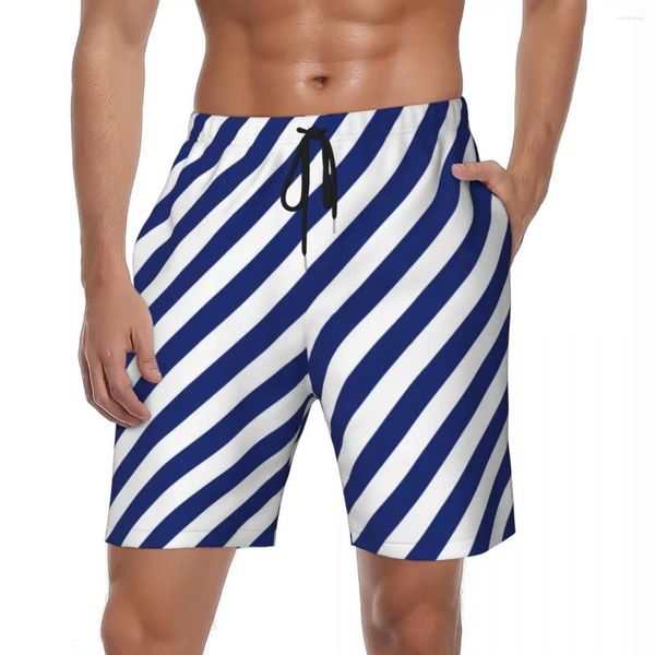 Pantalones cortos para hombre, trajes de baño azul marino, tablero náutico blanco, rayas diagonales de verano, pantalones cortos de playa informales, bañadores deportivos para hombre