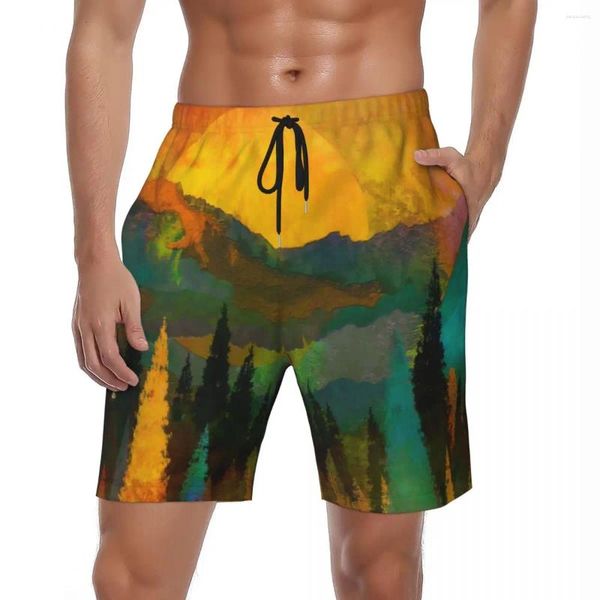 Shorts pour hommes Maillots de bain Arbres et montagnes Board Summer Abstract Print Hawaii Beach Pantalons courts Hommes Design Running Surf Maillots de bain