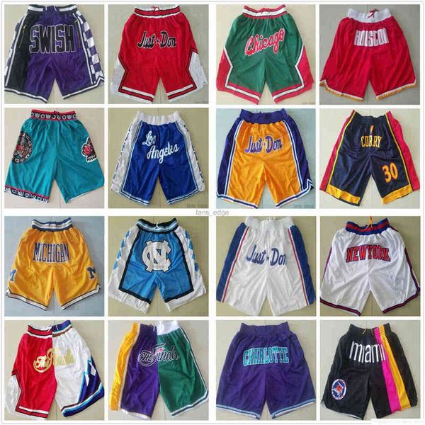 Pantalones cortos para hombre Pantalones cortos de baloncesto del equipo Just Don Pantalones cortos deportivos Pantalones de hip-pop cosidos retro de malla con pantalones de chándal con cremallera en el bolsillo Todo negro, blanco, estrella, azul, rojo