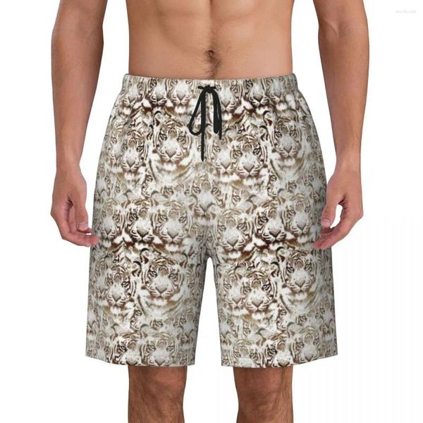 Shorts pour hommes Tiger Face Design Board Summer Blanc et Brown Surf Beach Homme Séchage rapide Vintage Big Taille Trunks