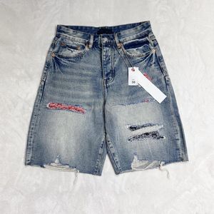 Heren shorts topkwaliteit paarse roca merk jeans high street trendy retro patch geperforeerde haveloze rand capris denim