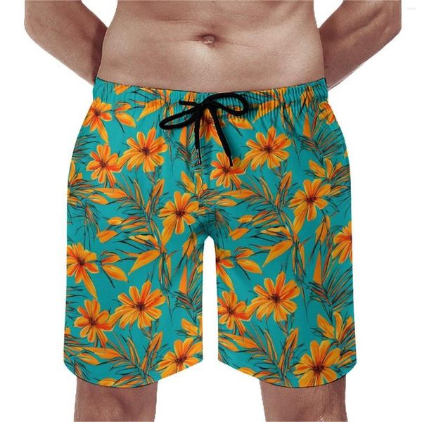Pantalones cortos para hombre Tablero con estampado tropical Flores naranjas Pantalones cortos de playa vintage Diseño masculino Deportes Surf Bañador de secado rápido Regalo de cumpleaños