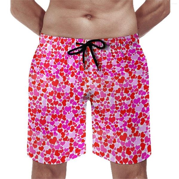 Pantalones cortos para hombres Tablero de corazones de San Valentín Verano Rojo y fucsia Pantalones cortos de playa casuales Hombres Deportes Surf Cómodo Troncos de natación personalizados