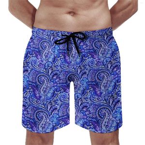 Short pour hommes Vibrant Bleu Paisley Gym Été Rétro Imprimé Surf Plage Confortable Mode Grande Taille Maillot De Bain