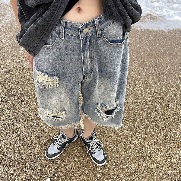 Pantalones cortos para hombres Vintage Denim Hollow Out Jean Pantalones cortos sueltos rectos Medio Jeans para hombres 2023 Summer Beach Casual Pant Fashion Bottom