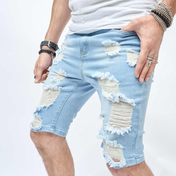 Pantalones cortos para hombre Vintage rasgados ajustados pantalones cortos de mezclilla para hombre ropa de calle 2023 primavera verano moda Color sólido botón Jean ropa