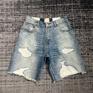 Heren shorts vintage gescheurde originele rand patch casual losse knie lengte denim shorts heren street j240407