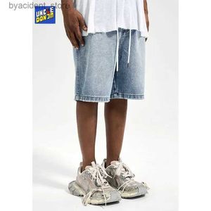 Pantalones cortos para hombres Pantalones cortos de mezclilla desgastados lavados Cordón Elástico Denim Jorts Azul Mens Streetwear Hip Hop Suelto Recto Jean L240320