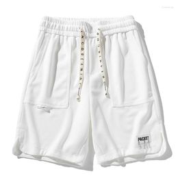 Shorts pour hommes couleur blanche cordon gaufré avec poches latérales Spodnie Academia mâle décontracté pantalon court droit hommes été