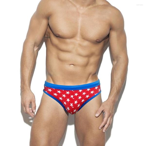 Pantalones cortos para hombres WK110 Rojo Azul Estampado Sexy Cintura baja Hombres Traje de baño Verano Playa Bikinis Natación Calzoncillos Troncos Piscina Natación Trajes de baño