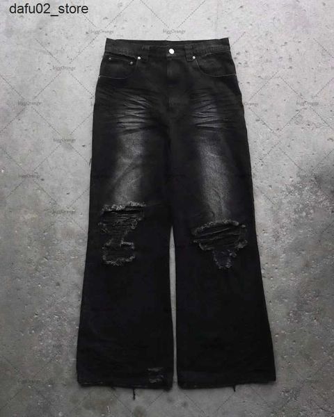 Pantanos cortos para hombres y2k street hip hop gótico jeans rasgados para hombre de moda retro punk suelto harajuku botón de la cabeza alta pantalones de pierna ancha para mujer Q240416