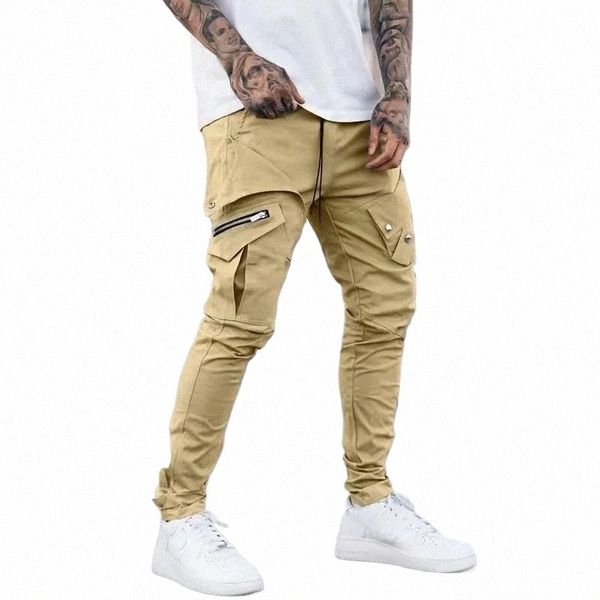 pantalon de cargaison de poche latérale masculine zipper noir gris kaki hip hop joggers masculins décontractés pantals fid streetwear pantales hombre l8yc #