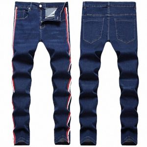 Pantalon Jeans à rayures latérales pour hommes Nouveau Fi Cott Pantalon en denim élastique droit Style classique Jean Hombre Pantalon masculin K0jU #