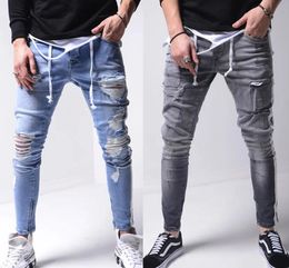 Pantalones vaqueros rasgados a rayas laterales para hombre, pantalones largos de mezclilla a la moda para hombre, ropa para hombre, pantalones vaqueros de motociclista delgados negros de calle alta, pantalones de Hip HOP con paneles