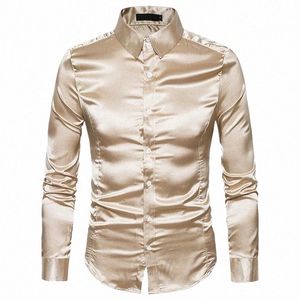 Mannen Zijden Shirt Lg Mouw Revers Single Breasted Zwart Goud Satijn Casual Slim Fit Sociale Formele Man Kleding Y66T #