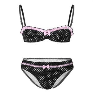 Ensemble de Lingerie Sissy pour hommes, soutien-gorge et culotte imprimés à pois, sous-vêtements en Satin Gay, vêtements de nuit pour hommes, Crossdressing érotique, Costum287M