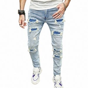 Jeans skinny pour hommes Casual Slim Biker Jeans Denim Patchwork Distred Rayé Blanchi Gland Hiphop Pantalon Ripped 17B1 x4XN #