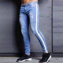 Jeans skinny pour hommes Distressed Stretch Jeans Bleu Ripped Skinny Jeans Homme Slim Fit Dropshipping Supply Tape Design T200614