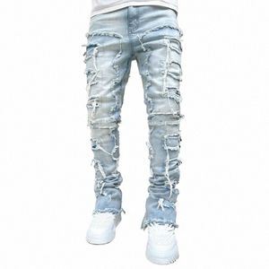 Jeans skinny pour hommes Frange Hip-hop Bord brut Patch élastique Punk Rock Lg Coupe serrée Jeans empilés Pantalon en jean Bleu Rose Streetwear 59A7 #