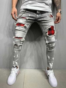 Jeans skinny pour hommes Ripped Grid Stretch Denim Jogging Pantalons Patch Beggar Pants Jumbo Hip Hop Thin Body Harajuku Pant X0621