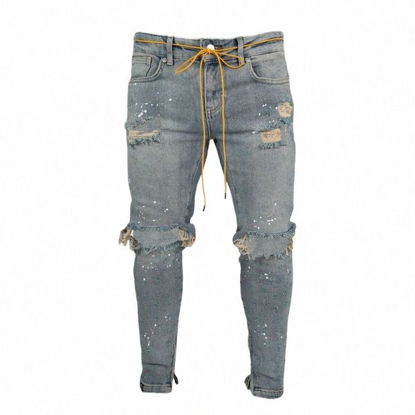 Jeans flacos para hombres Pantalones de mezclilla rasgados con agujeros atractivos Streetwear Fi 2023 Pantalones con cordón de estilo europeo y americano x9yq #