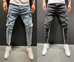 Jeans skinny pour hommes pantalons de crayon à rayures côté biker hip-hop denim multi-poches pantalon de sport masculin jogging pantalon cargo s-3l siz x0621
