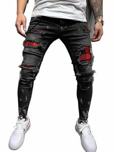 Jeans skinny déchiré pour hommes Fi Grid Mendiant Patchs Slim Fit Stretch Casual Denim Crayon Pantalon Peinture Pantalon de jogging Hommes G0Z8 #