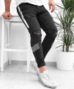 Hommes Skinny Ripped Jeans Slim Moto Skinny Crayon Pantalon Side Stripe Impression Jeans 2021Streetwear Jogging Denim Costume S - 3XL X0621