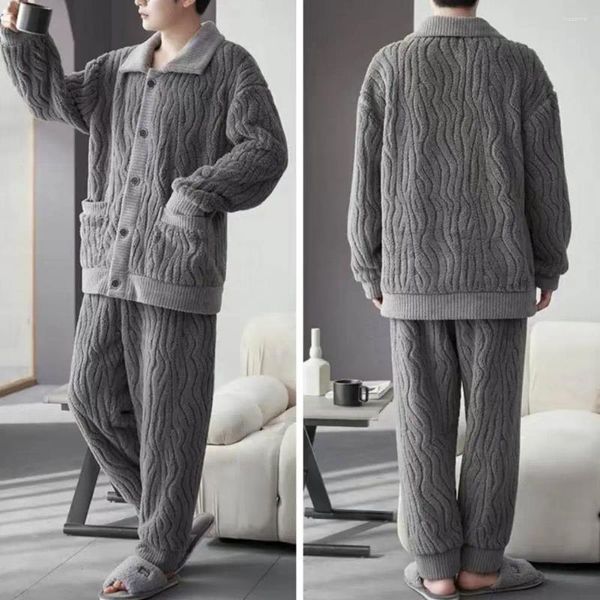 Vêtements de nuit pour hommes 2 pièces / ensemble hommes hiver pyjamas ensemble épais peluche revers taille élastique chaud confortable vague d'eau texture homewear loungewear