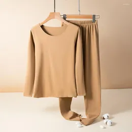 Vêtements de nuit pour hommes 2 pièces / ensemble femmes haut pantalon costume haute élasticité couleur unie doux chaud col rond manches longues pyjamas ensemble sous-vêtements d'hiver S