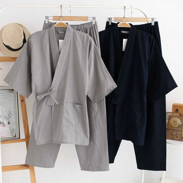 Vêtements de nuit pour hommes 2022 Kimono japonais Pyjamas pour hommes printemps et été deux pièces coton couleur unie simple grande taille ensemble de service à domicile hommes T221103