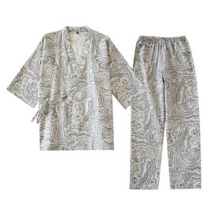 Vêtements de nuit pour hommes 2022 Samurai Hommes Traditionnels Kiimoono Pyjamas Ensembles Coton Vague Imprimer Col V Lâche Style Japonais Vêtements De Nuit Pijama Haori Pantalon T221103