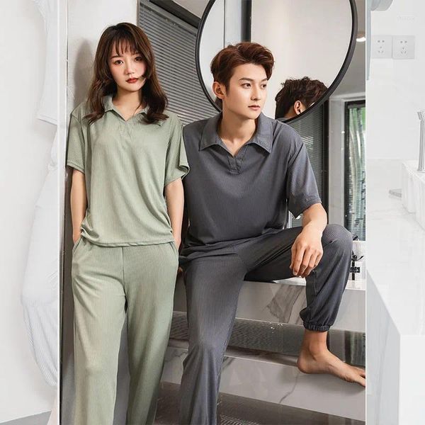 Vêtements de nuit pour hommes 2023 coréen glace soie couple pyjamas ensembles été mince revers à manches courtes pantalons longs ensemble décontracté vêtements de maison en vrac
