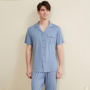 Ropa de dormir para hombre, primavera verano 2023, conjuntos de pijama informales para hombre, traje de fibra de bambú para hombre, camisa de manga corta con cuello vuelto, pantalones