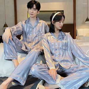 Mannen Nachtkleding 2023 Zomer Paar Lange Mouw Zijde Satijn Pyjama Sets Voor Mannen Casual Gestreepte Vrouwen Homewear Pijama Mujer thuis Kleding
