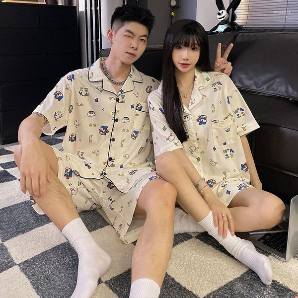 Vêtements de nuit pour hommes 2023 Couple d'été à manches courtes coton pyjama ensembles pour hommes coréen mignon costume de dessin animé pyjama femmes homewear vêtements de maison