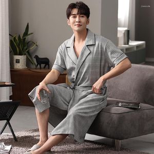 Mannen Nachtkleding 2023 Zomer Plus Size Korte Mouw Katoenen Gewaden Voor Mannen Koreaanse Casual Plaid Badjas Mannelijke Homewear lounge Thuis Kleding