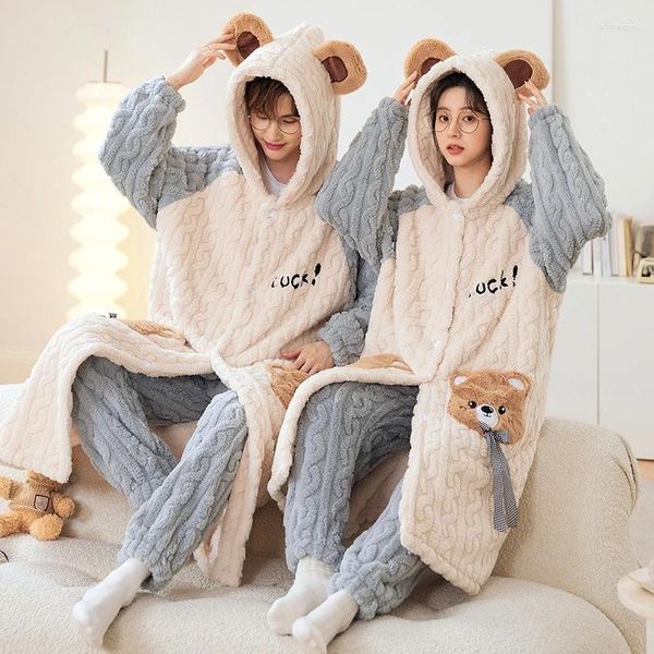 Ropa de dormir para hombre, conjunto de pijamas con capucha para parejas, pijamas gruesos de invierno de 2 piezas, ropa de casa coreana, Pijama cálido con capucha 2024