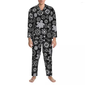 Vêtements de nuit pour hommes Ensemble de pyjama floral à petites fleurs abstraites Printemps Noir Blanc Confortable Quotidien Couple 2 pièces Décontracté Surdimensionné Vêtements de nuit personnalisés