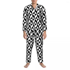 Slaapkleding voor heren Abstract Geometrie Spring Zwart en Wit Casual losse oversized Pyjama Sets Man Lange Mouw Cute Soft Room Nightwear