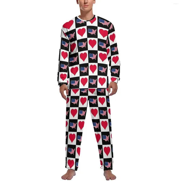 Ropa de dormir para hombre, pijamas con mapa de la bandera americana, manga larga, corazones a cuadros, 2 piezas, conjunto de sueño diario para hombre, moda personalizada