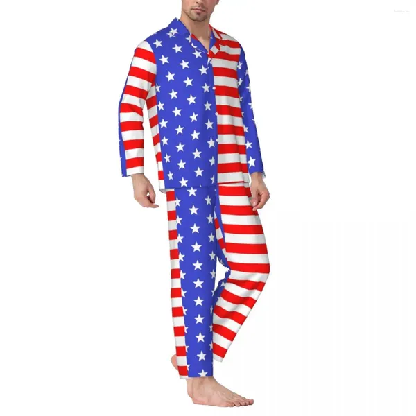 Ropa de dormir para hombres Pijamas con bandera estadounidense Hombres EE. UU. Estrellas y rayas Moda Diario Otoño 2 piezas Casual Diseño suelto de gran tamaño Traje para el hogar