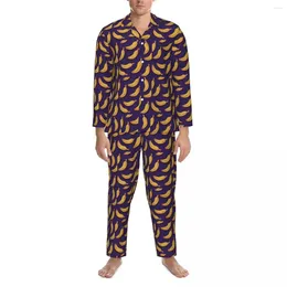 Vêtements de nuit pour hommes, imprimé banane, pyjama, jaune, violet, Kawaii, manches longues, décontracté, deux pièces, grande taille 2XL