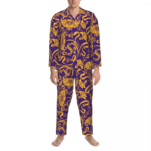 Vêtements de nuit pour hommes baroque floral automne fleurs d'or imprimé décontracté surdimensionné pyjama ensembles homme manches longues chambre chaude costume de maison personnalisé
