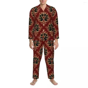 Vêtements de nuit pour hommes, imprimé baroque, ensemble de pyjama, doré, noir, damassé, Kawaii, manches longues, décontracté, quotidien, 2 pièces, grande taille