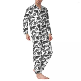 Nachtkleding voor heren Pyjama's met vleermuispatroon Spookachtige vliegende vleermuizen Comfortabel stel Lange mouwen Vintage nacht 2-delig huispak Grote maat 2XL
