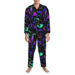 Herren-Nachtwäsche, Fledermaus-Druck, Pyjama, Mann, bunt, Halloween, schöner Schlaf, Frühling, 2 Stück, lässig, übergroß, individuelle Pyjama-Sets