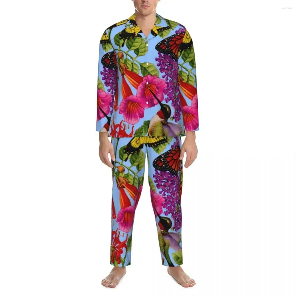 Vêtements de nuit pour hommes Abeilles Printemps Papillon Oiseau Fleur Imprimer Casual Oversize Pyjama Ensembles Hommes À Manches Longues Chambre Confortable Vêtements De Nuit